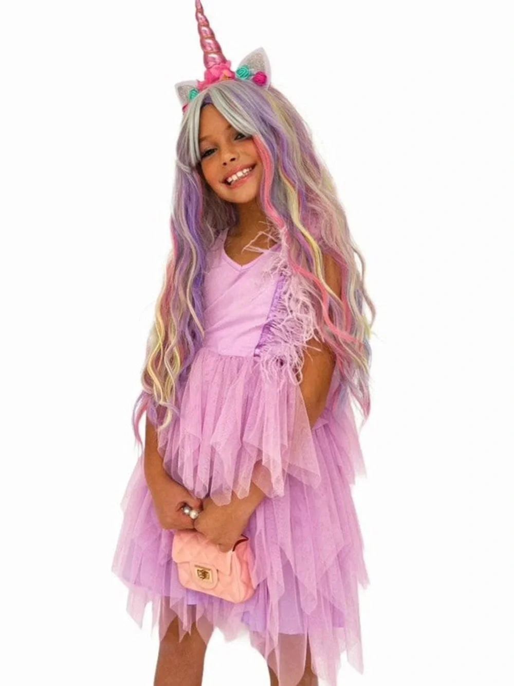 Lola the boy- Lilac Feather-Trim Tulle Party Dress for Girls
